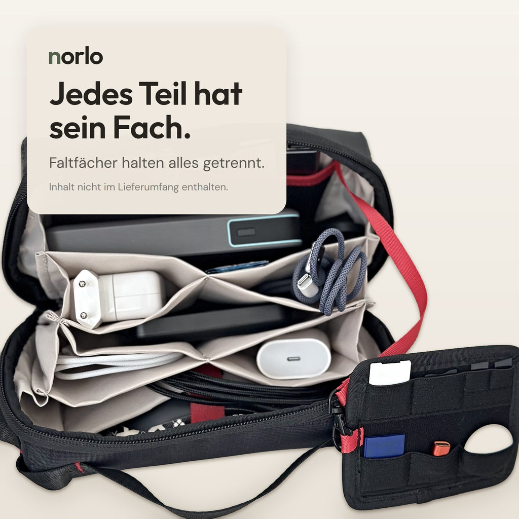 Tasche a soffietto e pannello organizer estratto con la cinghia rossa